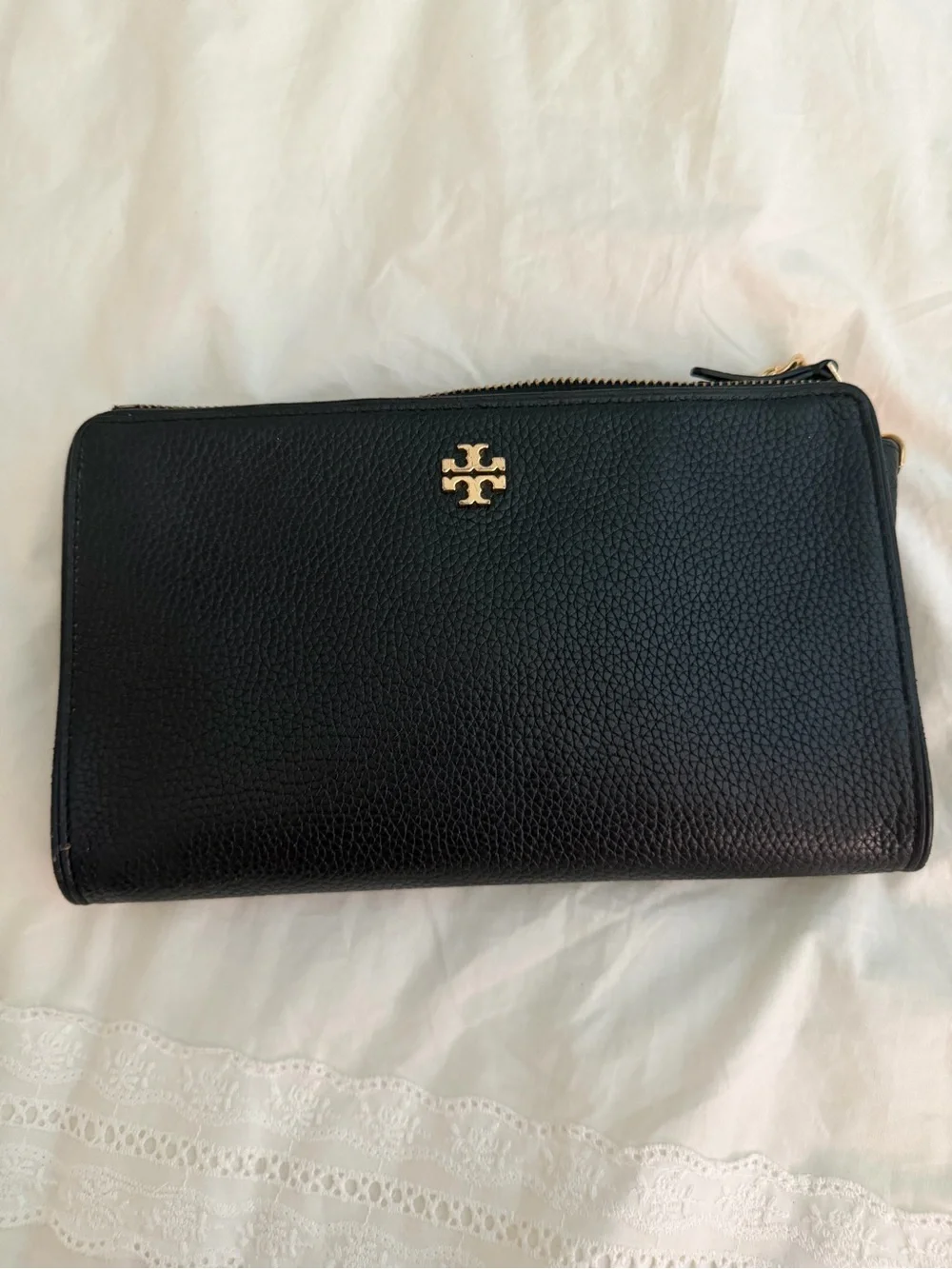 Tory Burch Black Pebbled Leather Crossbody with Gold Logo